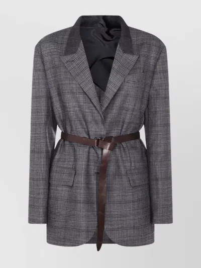 Brunello Cucinelli Waist Belted Checkered Pattern Blazer In Blue