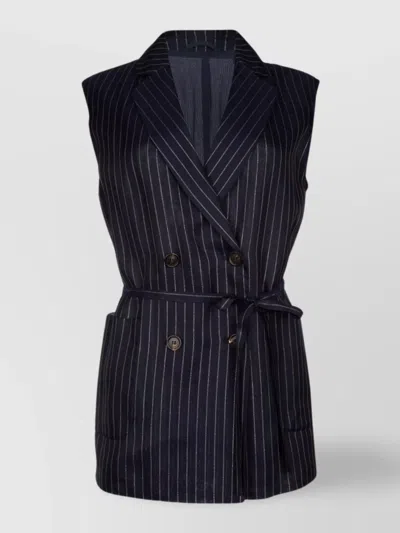 Brunello Cucinelli Waist Belted Double-breasted Lapels Sleeveless Striped In Black