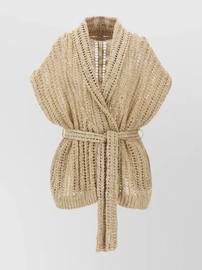 Brunello Cucinelli Waist Belted Knitwear Open Knit Cardigan In Brown