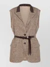 Brunello Cucinelli Waist Belted Lapel Sleeveless Textured Jacket In Brown