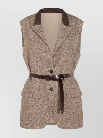 Brunello Cucinelli Waist Belted Lapel Sleeveless Textured Jacket In Brown