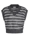 Brunello Cucinelli Dazzling Striped Net Knit Linen Sweater In Grey