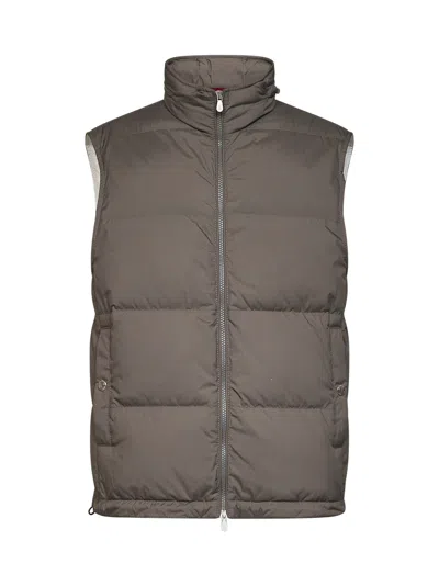 Brunello Cucinelli Washed Army Green Bonded Nylon Padded Hooded Vest In Brown