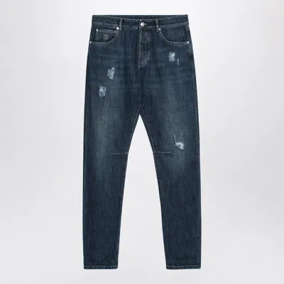 Brunello Cucinelli Distressed Denim With Faded Wash And Rips In Blue
