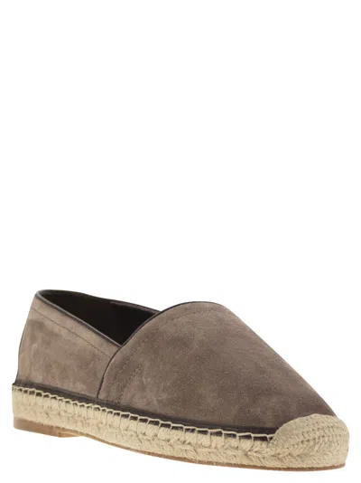 Brunello Cucinelli Round Toe Suede Espadrilles With Jute Sole In Brown