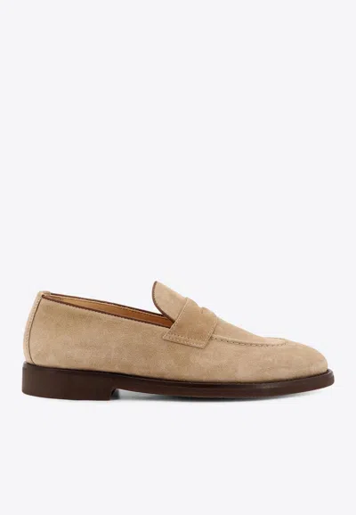 Brunello Cucinelli Washed Suede Penny Loafers In Neutral