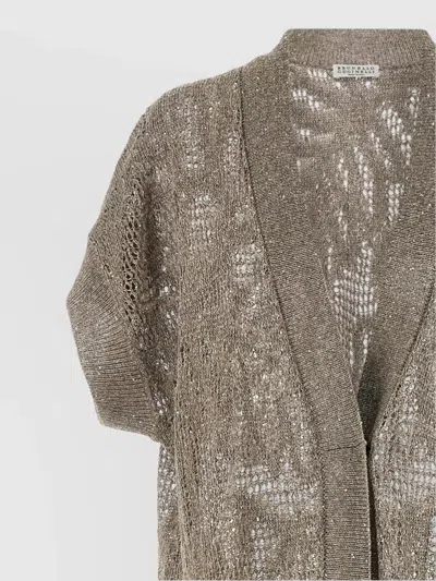 Brunello Cucinelli Water Lillies Sequin Lace Knit Cardigan In Neutral