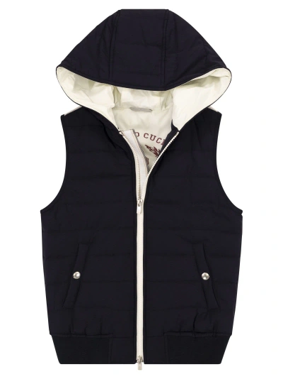 Brunello Cucinelli Kids' Water-repellent Nylon Sleeveless Down Jacket With Hood In Navy Blue
