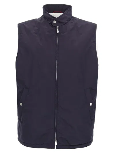 Brunello Cucinelli Water-repellent Technical Fabric Vest With High Neck In Blue