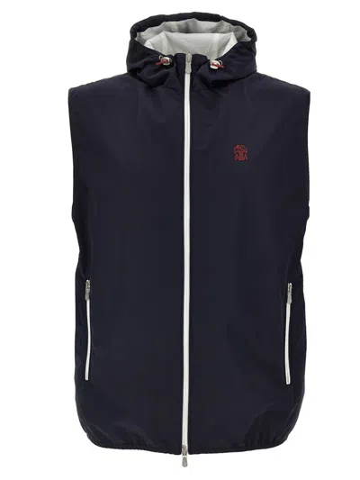 Brunello Cucinelli Water-repellent Hooded Sleeveless Vest In Blue