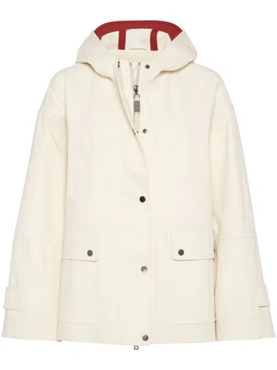 Brunello Cucinelli Hooded Canvas Waterproof Jacket In White