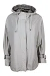 Brunello Cucinelli Water Resistant Outerware Jacket With Hood And Drawstring Hem. Curl On The Sleeve With Precious Jewe In Grey Plaster