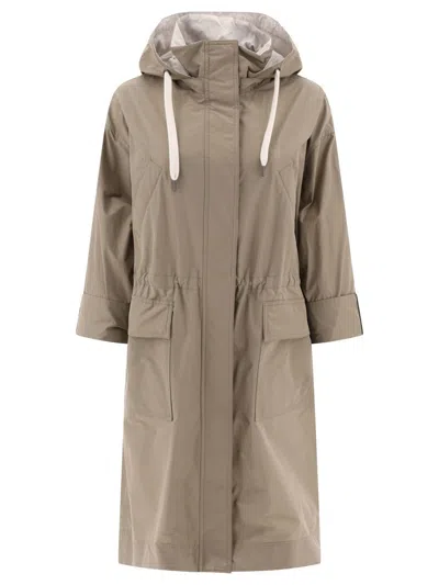 Brunello Cucinelli Water-resistant Taffeta Hooded Outerwear Jacket With Monili In Beige