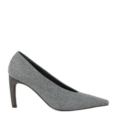 Brunello Cucinelli Water-resistant Virgin Wool Flannel Heels With Precious Details In Gray