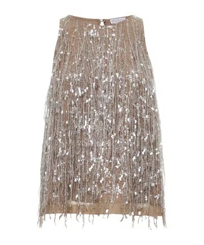 Brunello Cucinelli Waterfall-embroidery Silk Top In Gray