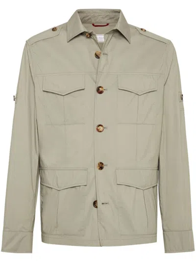 Brunello Cucinelli Waterproof Beige Techno Cotton Jacket In Green