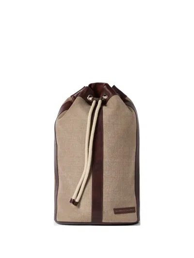 Brunello Cucinelli Water-resistant Canvas And Burnished Calfskin Drawstring Backpack In Brown