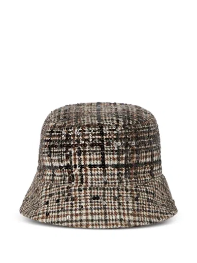 Brunello Cucinelli Water-resistant Checked Alpaca And Wool Bucket Hat With Dazzling Degradé Embroidery Hat In Brown