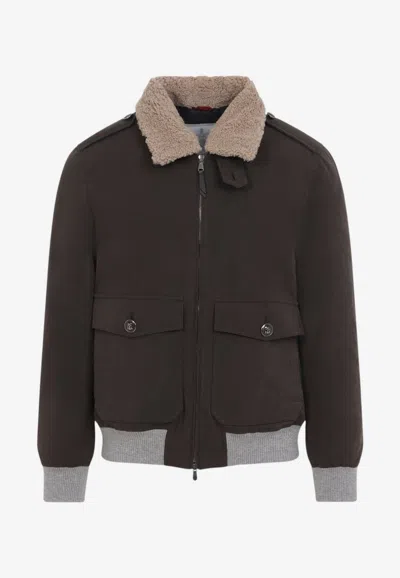 Brunello Cucinelli Padded Bomber Jacket With Shearling Collar And Tailored Details In Brown