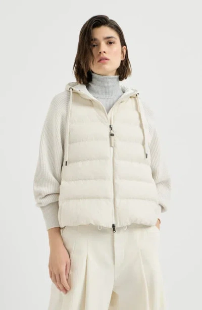Brunello Cucinelli Water-resistant Matte Nylon Hooded Down Jacket With Knit Sleeves And Monili In White