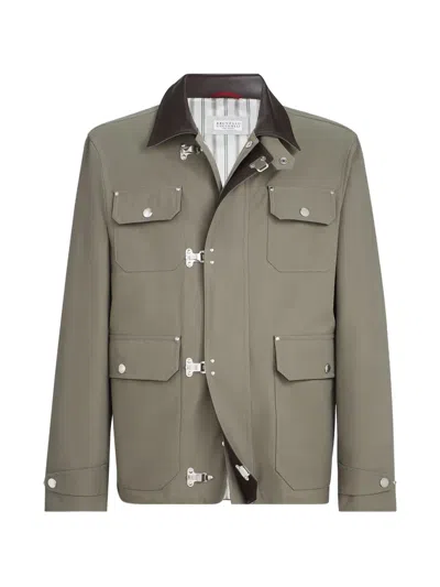Brunello Cucinelli Water-resistant Techno Cotton Gabardine Outerwear Jacket With Leather Inserts And Hook Fastening In Green