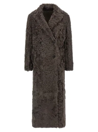 Brunello Cucinelli Wavy Shearling Coat Fur Brown In Blue