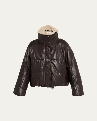 Brunello Cucinelli Waxed Leather Puffer Coat With Shearling Collar In Brown