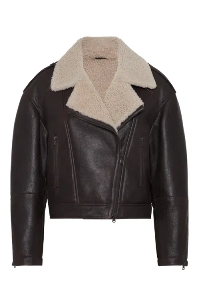 Brunello Cucinelli Women Leather Biker Jacket With Shearling Collar In Brown