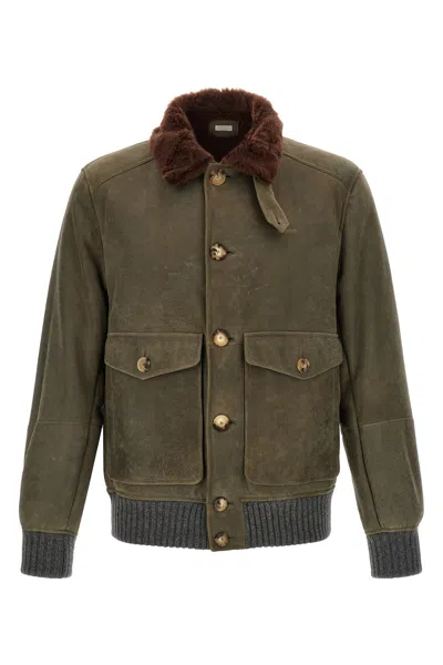 Brunello Cucinelli Waxed Shearling Bomber Jacket In Gray