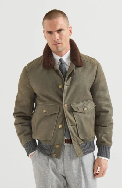 Brunello Cucinelli Waxed Shearling Bomber Jacket With Shearling Collar In Green