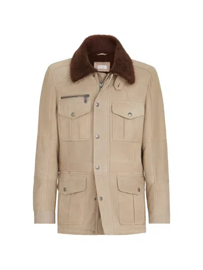 Brunello Cucinelli Waxed Shearling Safari Jacket In Brown