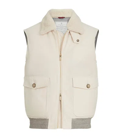 Brunello Cucinelli Waxed Shearling-collar Gilet In White