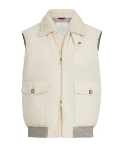 Brunello Cucinelli Waxed Techno Cotton Down Vest With Detachable Shearling Collar In Neutral