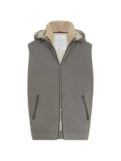 Brunello Cucinelli Waxed Techno Cotton Down Vest With Detachable Hood In Multi