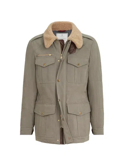 Brunello Cucinelli Waxed Techno-cotton Safari Jacket With Thermore® Padding, Nappa Leather Inserts And Shearling Collar In Brown