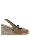 Brunello Cucinelli Jeweled Buckle Espadrille Wedge Sandals In Brown