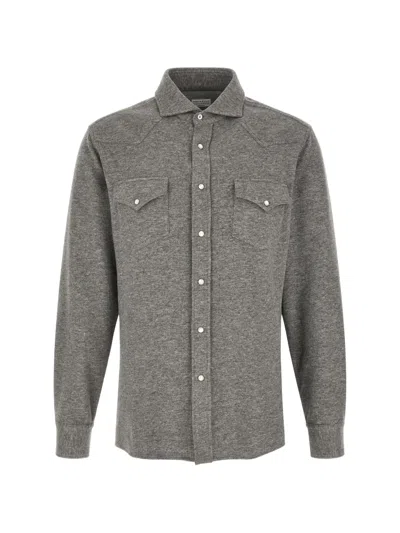 Brunello Cucinelli Cashmere-cotton Knit Western Shirt In Gray