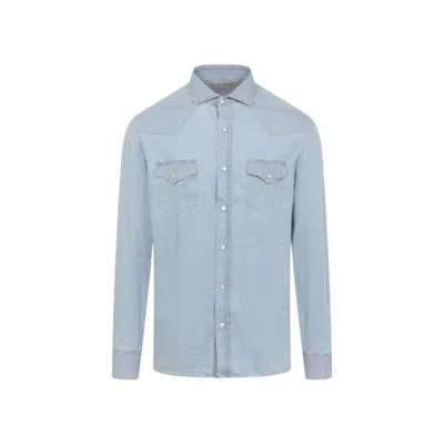 Brunello Cucinelli Western Style Light Denim Shirt With Tailored Fit In Blue