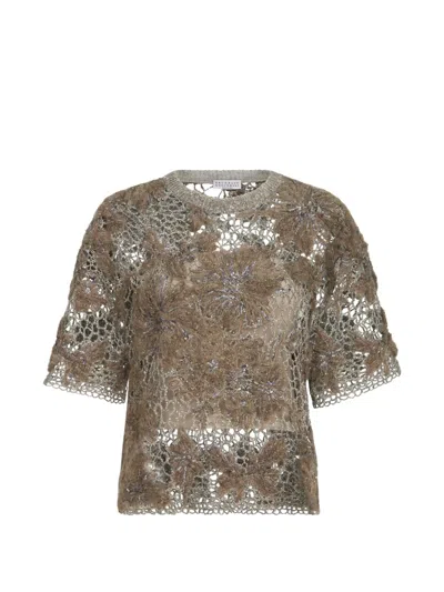 Brunello Cucinelli Whispering Bloom Embroidery Knit T-shirt In Sparkling Mohair And Wool In Neutral