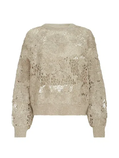Brunello Cucinelli Whispering Bloom Embroidery Sweater In Sparkling Mohair And Wool In Neutral