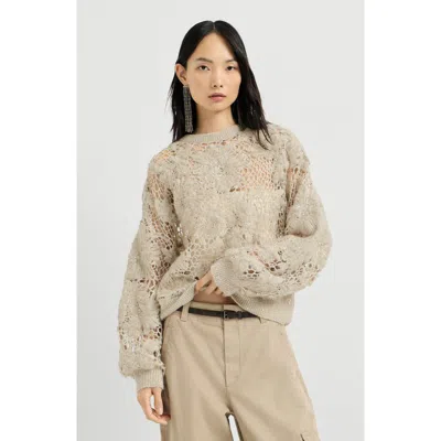 Brunello Cucinelli Whispering Bloom Embroidery Sweater In Sand