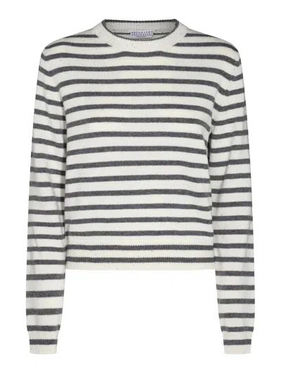 Brunello Cucinelli Cashmere Blend Striped Sweater With Paillette Detail In Beige