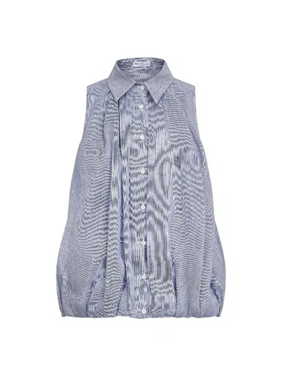 Brunello Cucinelli White And Blue Striped Organza Sleeveless Shirt