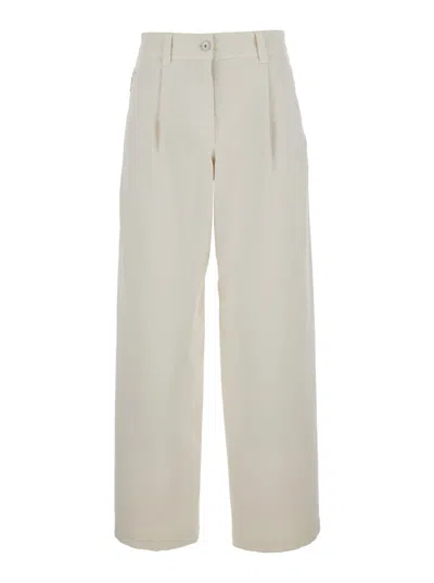 BRUNELLO CUCINELLI WHITE BAGGY JEANS WITH BUTTON CLOSURE IN STRETCH COTTON DENIM WOMAN