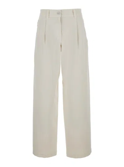 Brunello Cucinelli White Baggy Jeans With Button Closure In Stretch Cotton Denim Woman