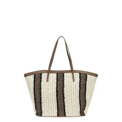 Brunello Cucinelli White Beige Striped Woven Tote Bag