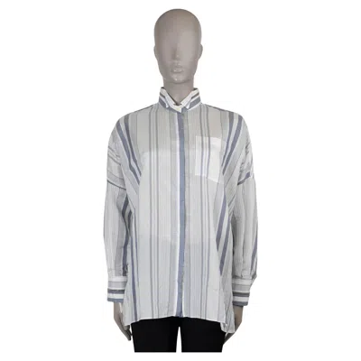 Pre-owned Brunello Cucinelli White Blue Silk 2020 Monili Trim Striped Shirt S