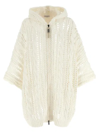 BRUNELLO CUCINELLI WHITE CABLE & MESH CARDIGAN