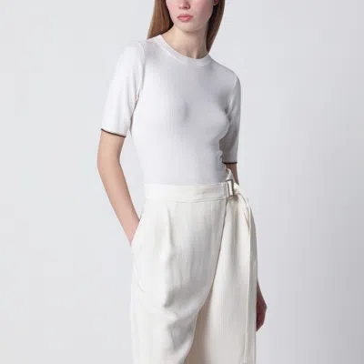 Brunello Cucinelli Cashmere Silk Knit Top Contrast Trim In White