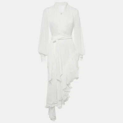Pre-owned Brunello Cucinelli White Chiffon Ruffled Asymmetric Genevieve Dress Xs